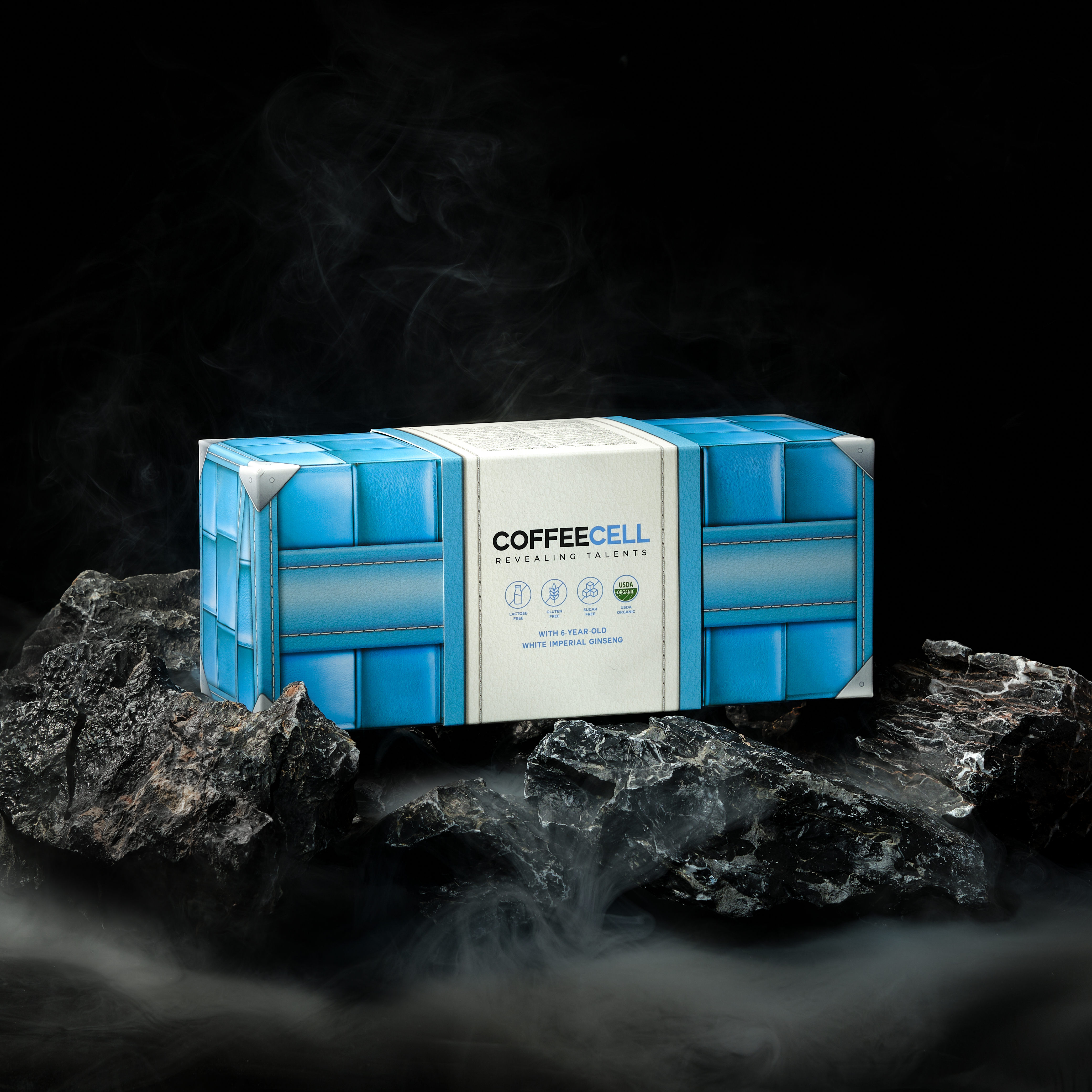 blue box of latte product on rocks