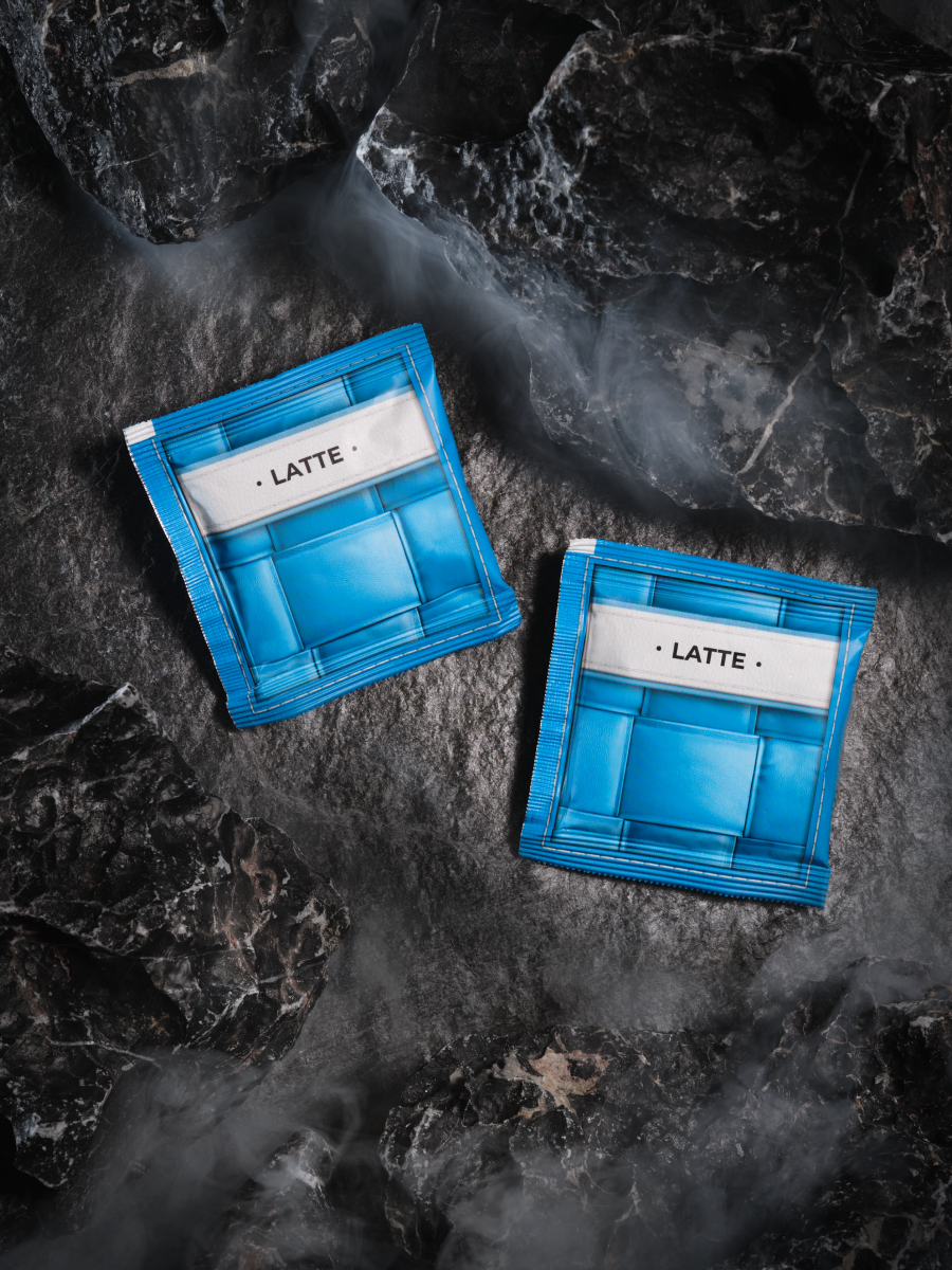 blue sachets of latte prduct